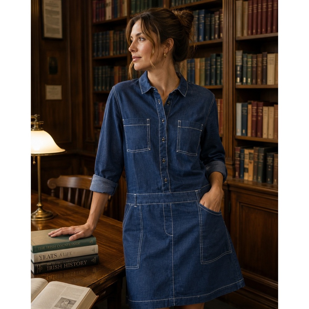 Michael Stars Shirt Dress Women M Navy Blue Linen Contrast Stitch Utility WNT85
